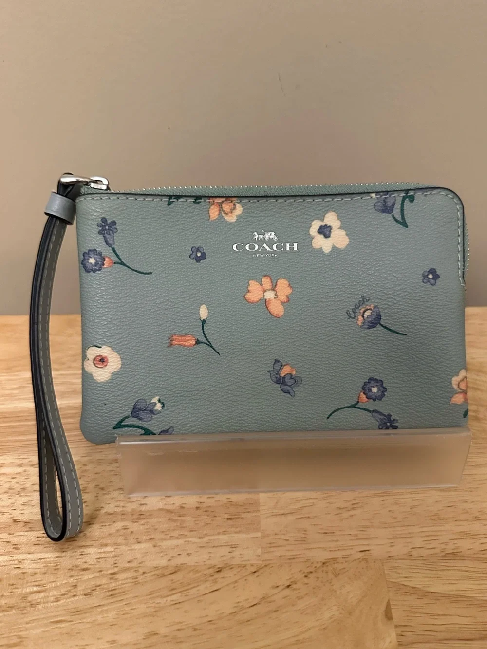 Coach Floral Wristlet in Dusty Teal with Multicolor Blooms - Picture 1 of 7